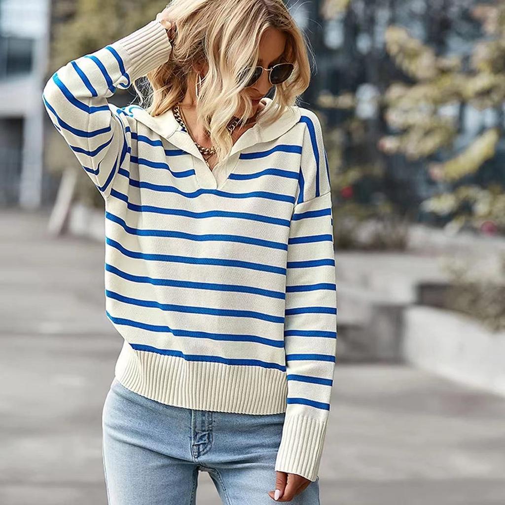 Spring and Autumn Women's Plus Size Casual Lapel Striped Knitwear