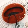 Women Beret Faux Pearl Rhinestone Decor Vintage English Style Woolen Hat No