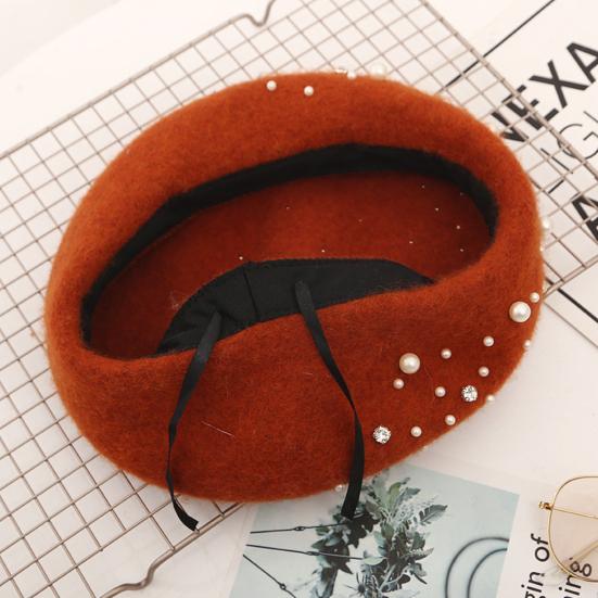 Yousheng Женский берет с искусственным жемчугом и стразами, винтажная шерстяная шляпа в английском стиле без полей, однотонная, с регулируемыми лямками, кепка-тыква