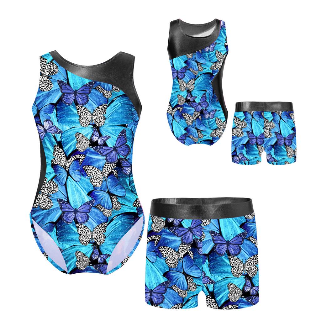 Детские спортивные комплекты для гимнастики, йоги, танцев для девочек, нарядный купальник с принтом и шорты, танцевальная одежда, наряды