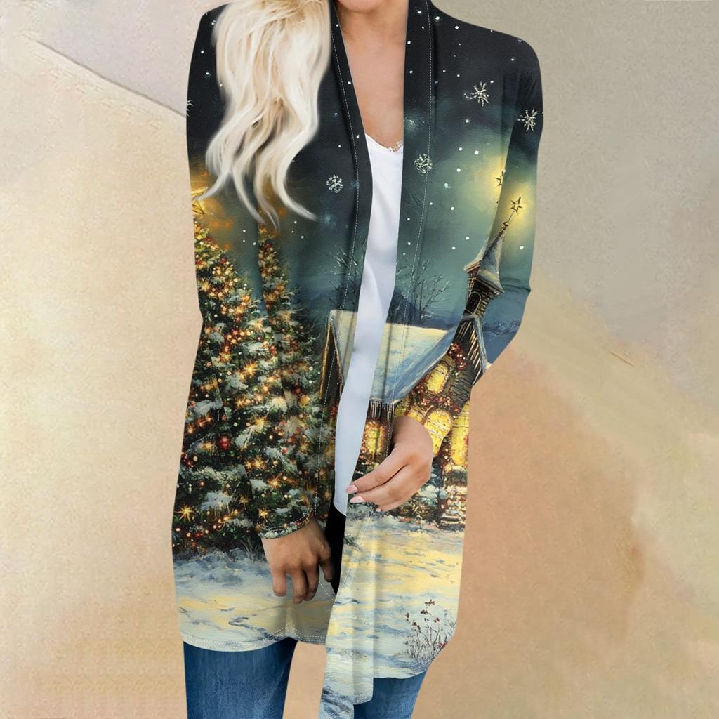 Женская мода повседневная куртка-кардиган средней длины с принтом рождественской елки