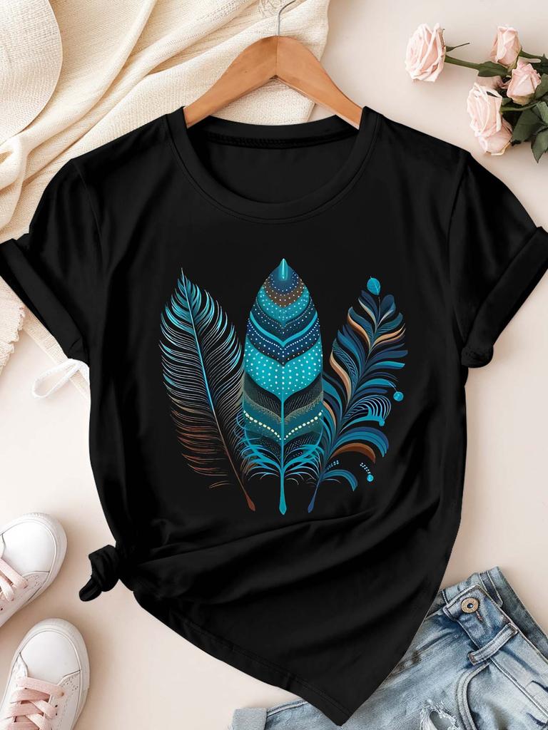 Women's Short-sleeved T-shirt with Colorful Feather Print, Bohemian Style, Comfortable.Summer Streetwear Graphic T Shirts Y2K
