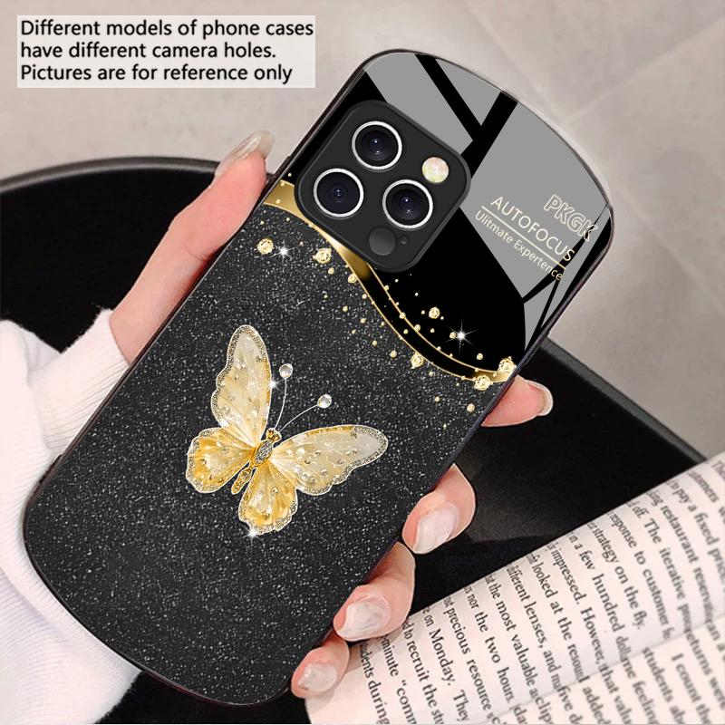Gradient Diamond Butterfly For IPhone 16 Pro Max 16e 15 Pro 14 13 12 Mini 11 XS Max XR 7 8 Plu SE 22 Elliptical glass phone case