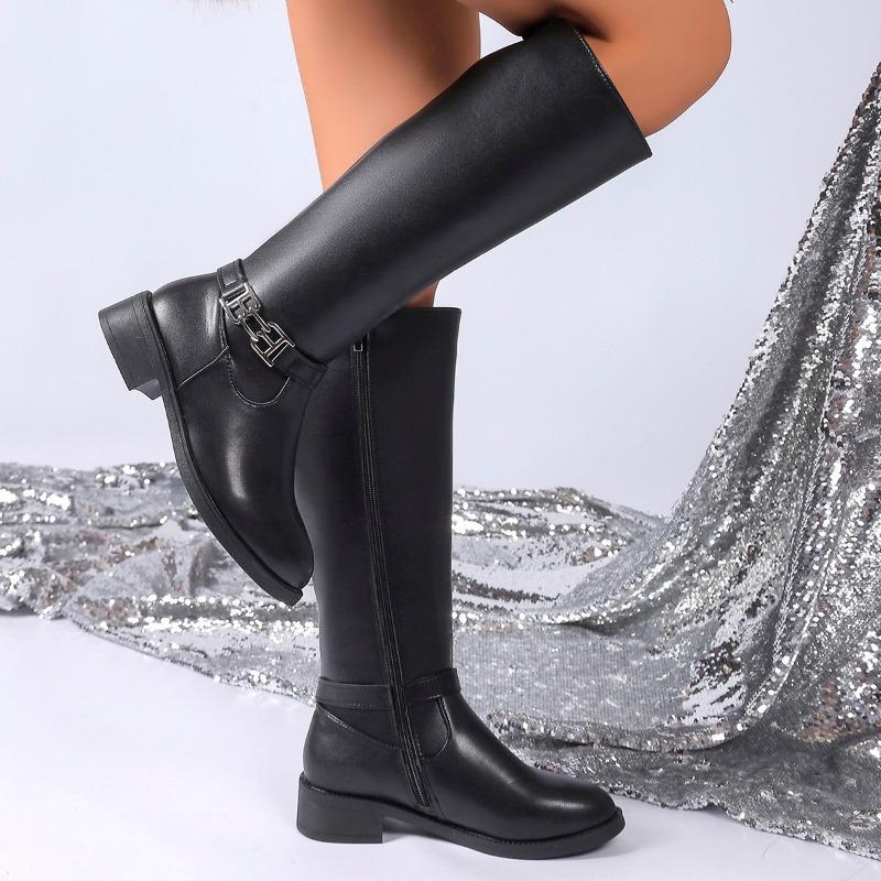 Женская обувь Боковая молния Женские сапоги Модные металлические украшения Современные сапоги Женские сапоги Лидер продаж Круглый носок Сапоги до колена
