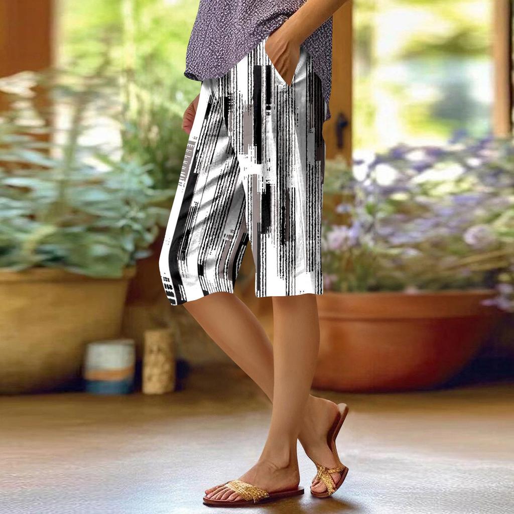 Women's Fashion Printed Pocket Elastic Waist Casual 5/10 Pants