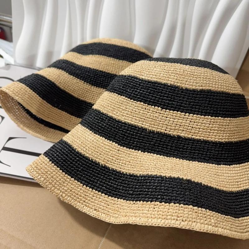 JapaneseIns Stripe 100% Raffia Bucket Hats Women Woven Color Matching Summer Beach Vacation Sunshade Fashion Foldable Sun Hats