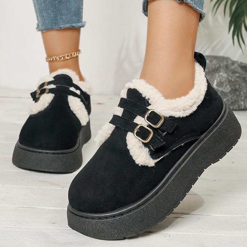 Fashion Thick Sole Plush Winter Cotton Shoes Women Fashion Buckle Non Slip Platform Snow Boots Woman Warm Fleece Lining Ankle Boots 42