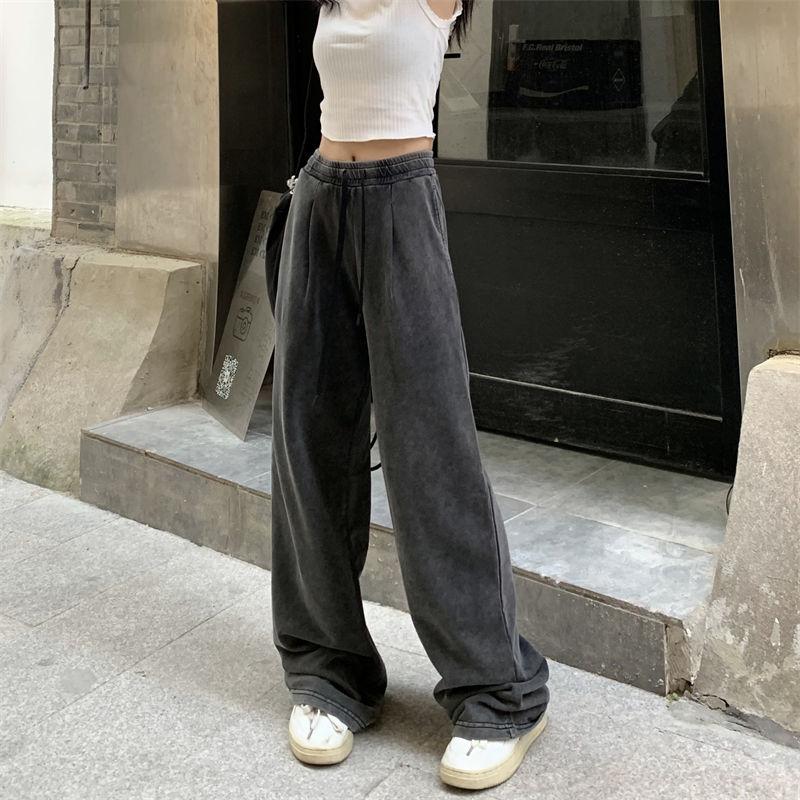 Повседневные брюки женские летние винтажные спортивные штаны с высокой талией серые широкие брюки с прямыми ногами