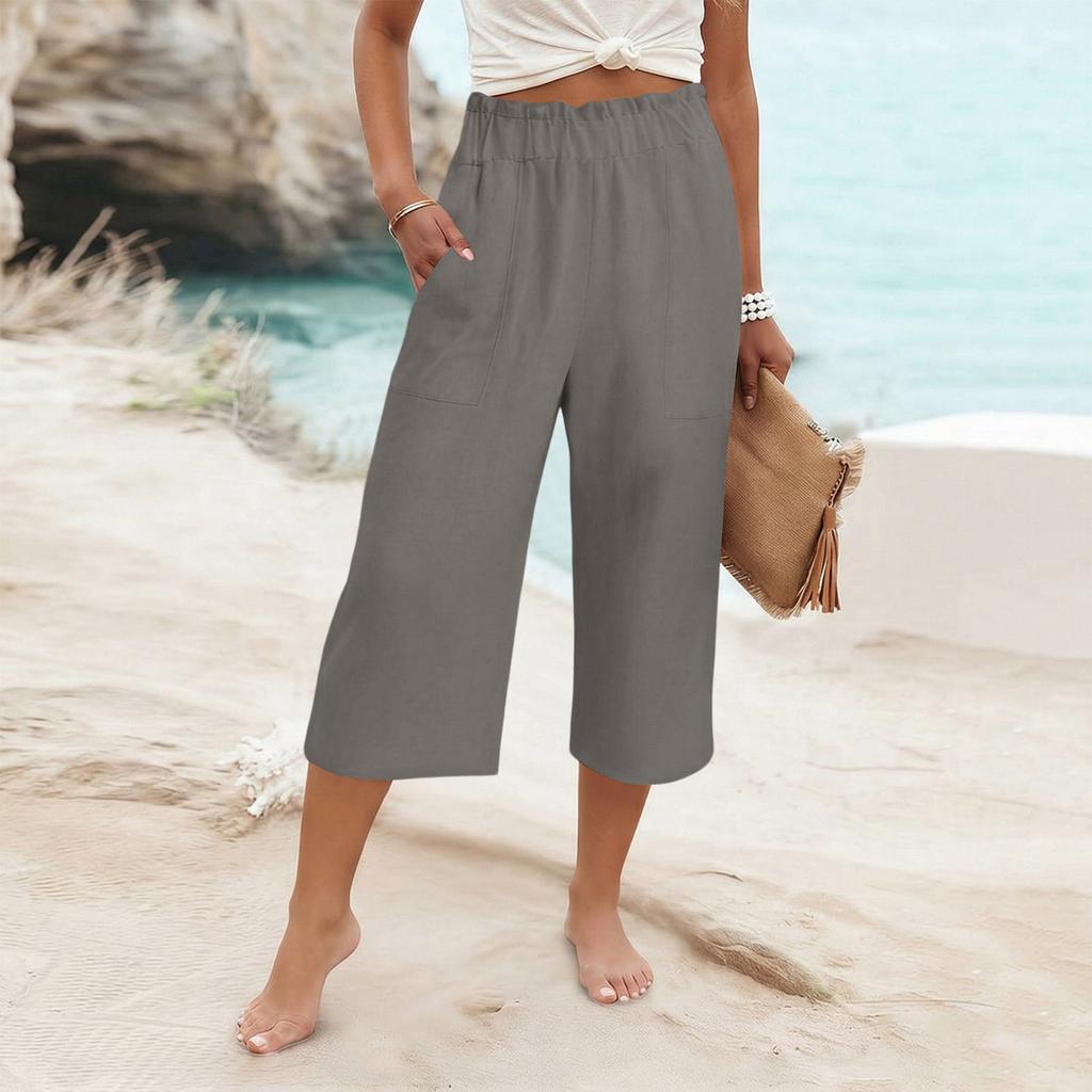 Womens Baggy Cotton Linen Pants Elastic Waist Casual Loose Summer Beach Vacation Pants