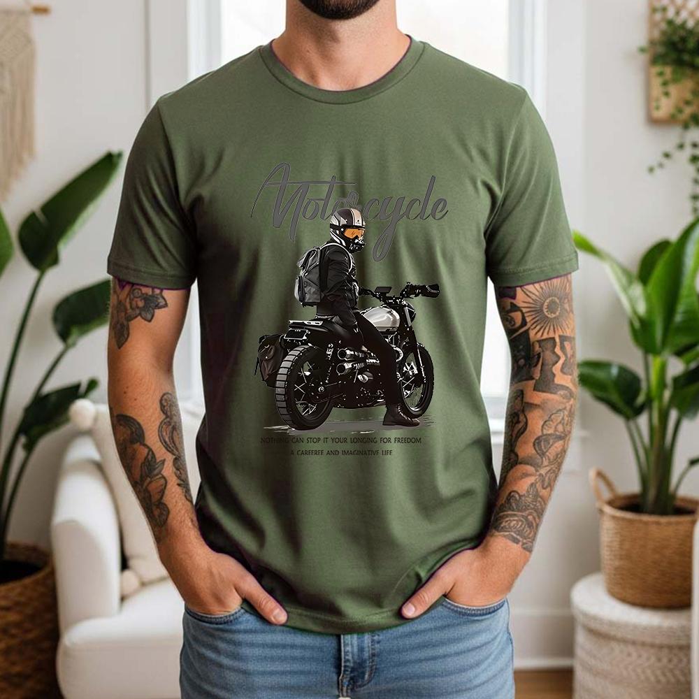 New Summer Unisexs 100 Pure Cotton TShirt Motorcycle Longing For Freedom Vintage Biker Style Casual Breathable Short Sleeve