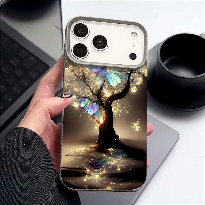 Для iPhone 17 Pro Max Чехол Роскошный Сияющий Фантастическое Дерево Узор Бабочки Кожаная Текстура Силиконовая Крышка Для iPhone 16 Pro Max 15 14 13 12 11 16E Air