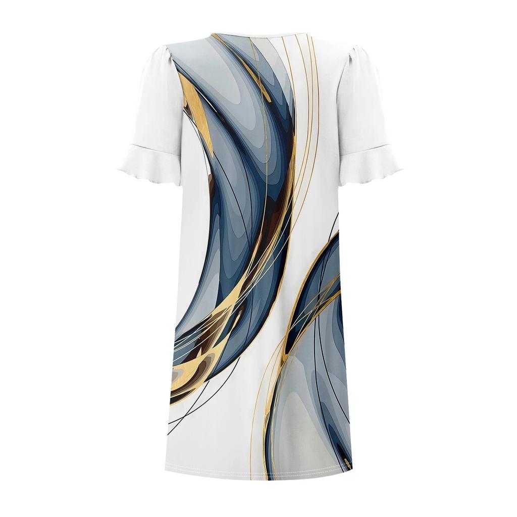 Летние платья для женщин с V-образным вырезом, оборками и коротким рукавом, повседневное свободное платье с принтом, пляжное платье с карманами