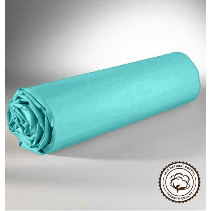 Drap Housse - Turquoise - 140x190 cm - 100% Coton - 2 Personnes - Bonnet 25 cm