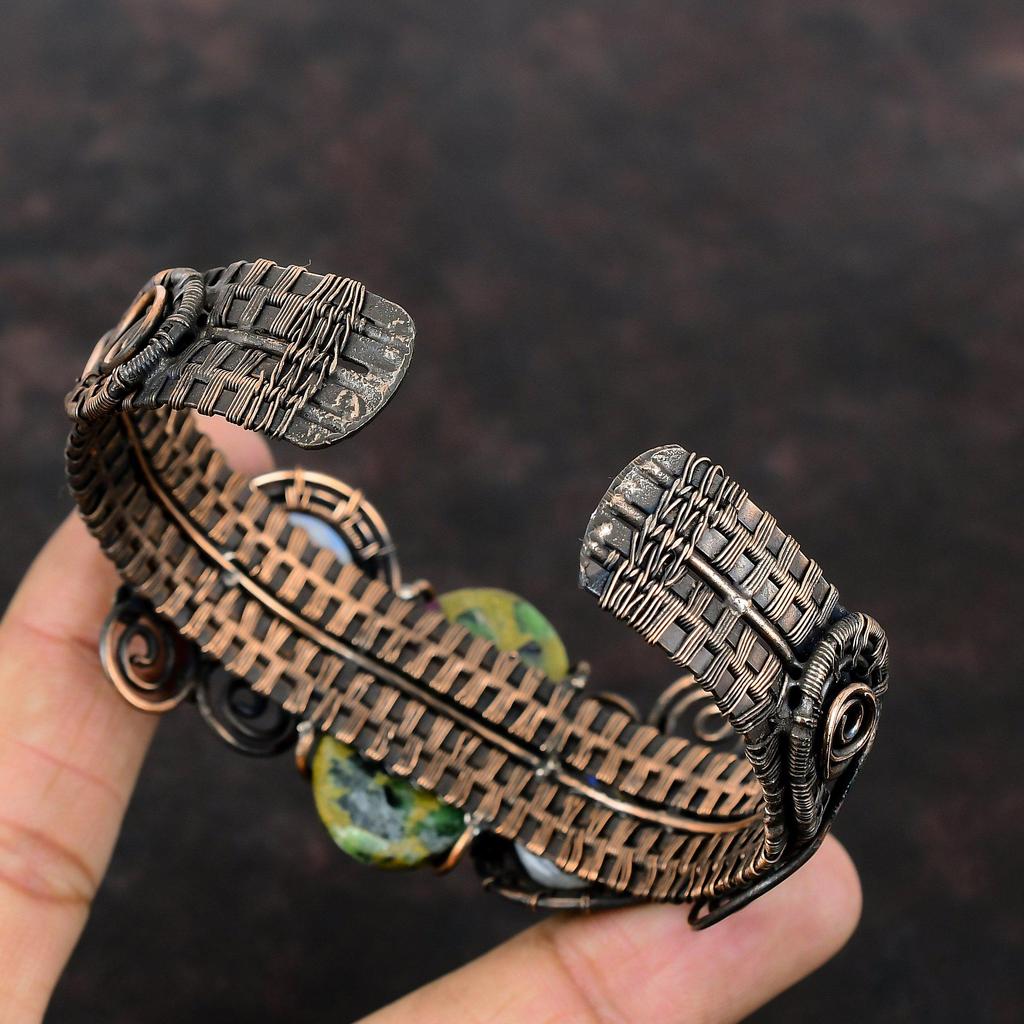 Браслет-манжета с медным рубином и цоизитом, браслет с радужным лунным камнем, манжета с медной проволокой, регулируемый браслет, браслет ручной работы с драгоценным камнем, подарок для мамы