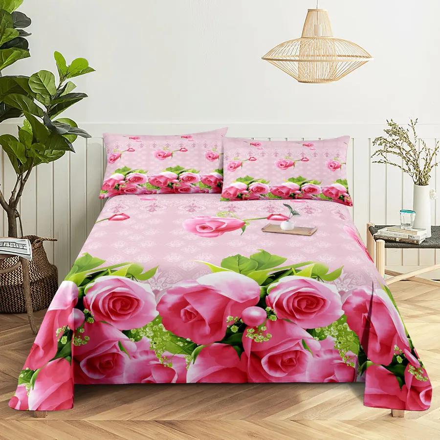 Pink Floral Bed Sheet Set Pillowcase Bedding Linens Cover Flower Queen King Twin Full Size for Single Double Bed Soft Thin