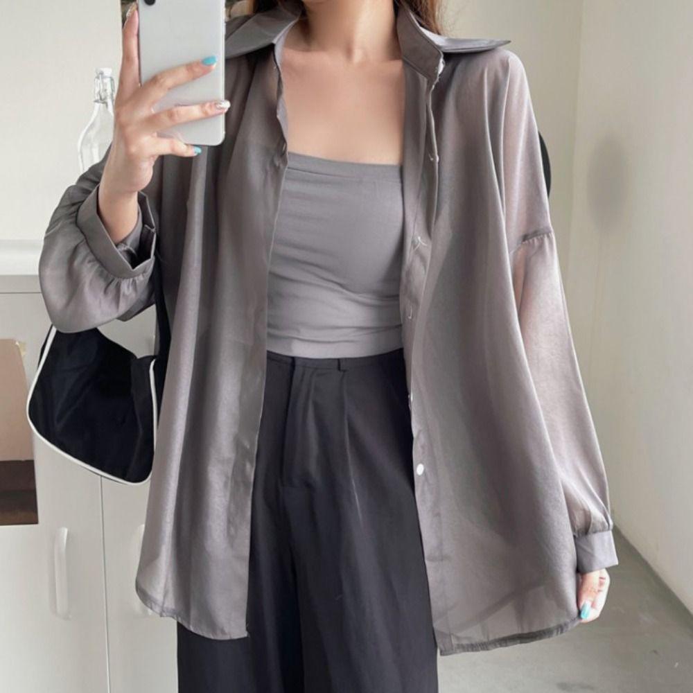 Chiffon Women Shirt Blouse Solid Color Female Loose Cardigan Casual Long Sleeve Top
