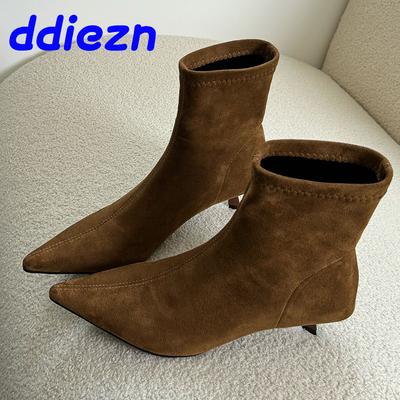 Мода Мода Флок Обувь Острый Носок Женские Стрейч Ботильоны Слипоны Женские Короткие Ботинки С Женскими Тонкими Каблуками 4 См Обувь