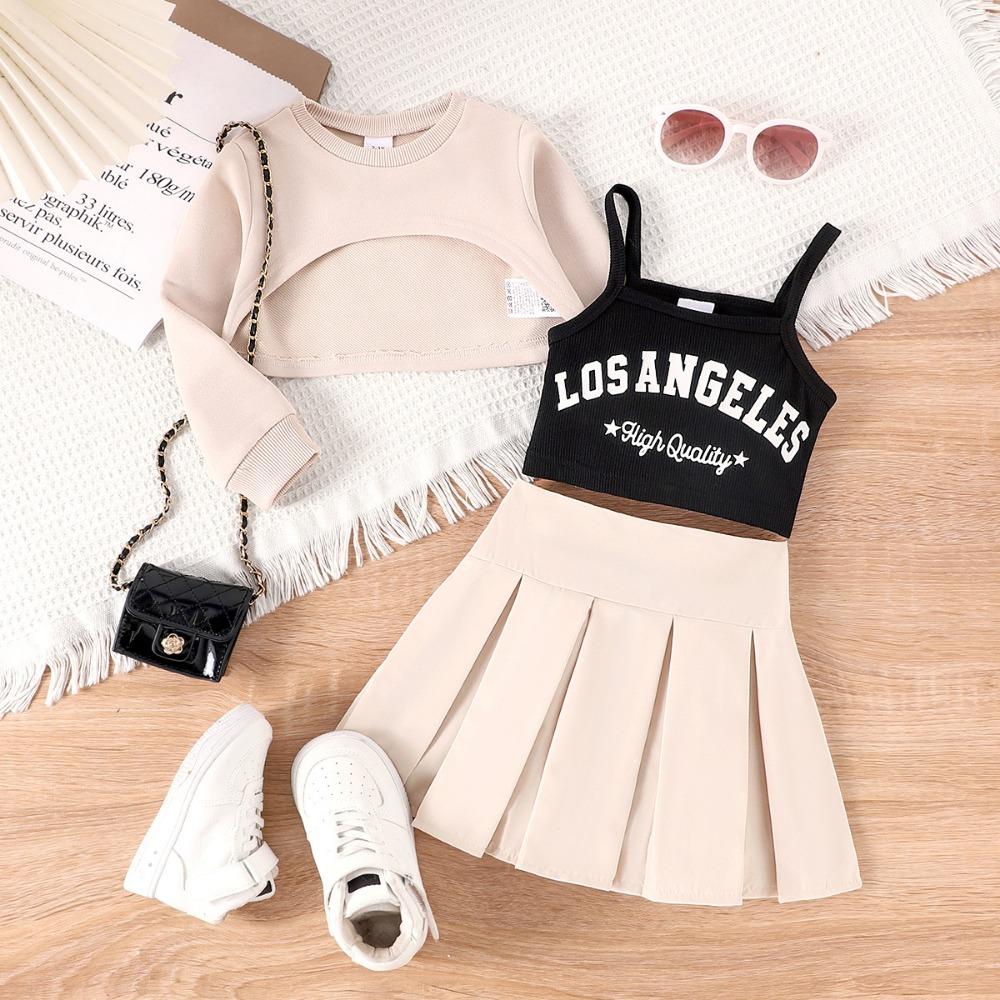 Детская одежда 2-7 лет, весенне-летний костюм на осень, абрикосовый джемпер + жилет + плиссированная юбка, новый костюм, юбка для девочек