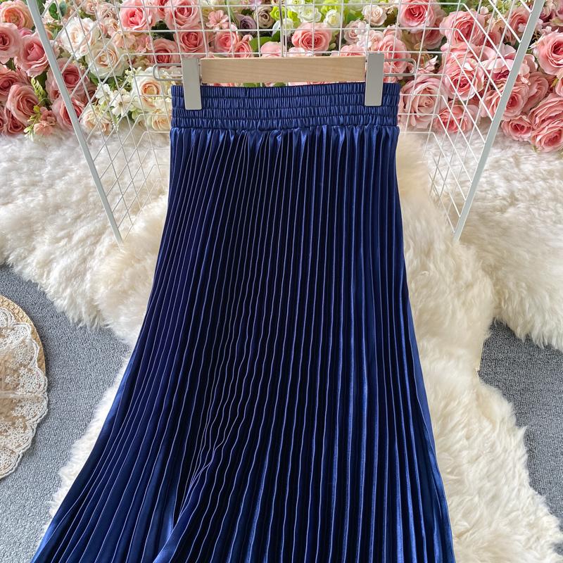 Лето Осень Женская Элегантная Атласная Высокая Талия Длинная Макси Плиссированная Юбка