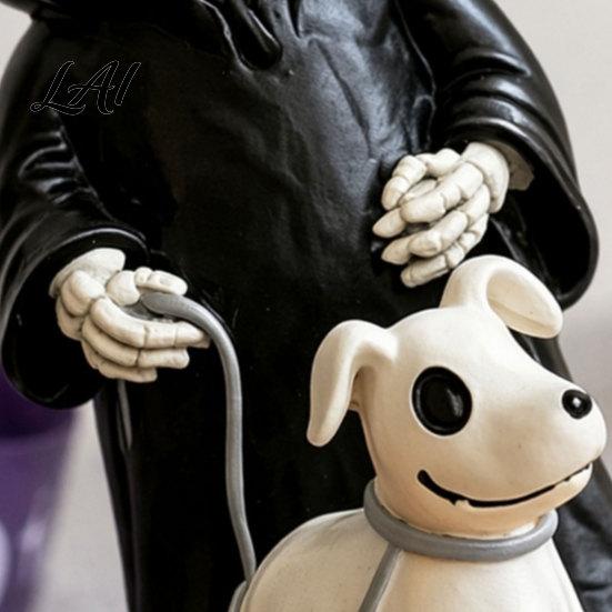 Ghost Puppy Halloween Decor Grim Reaper & Ghostly Resin Figurine Black Robed Skeleton with Cute 3D Carved Decoration Dog Statue Dark Gothic for Desk
