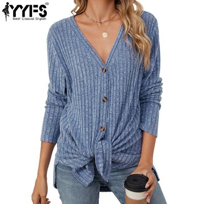 Женские модные повседневные весенне-осенние однотонные блузки и рубашки с v-образным вырезом и длинным рукавом с принтом