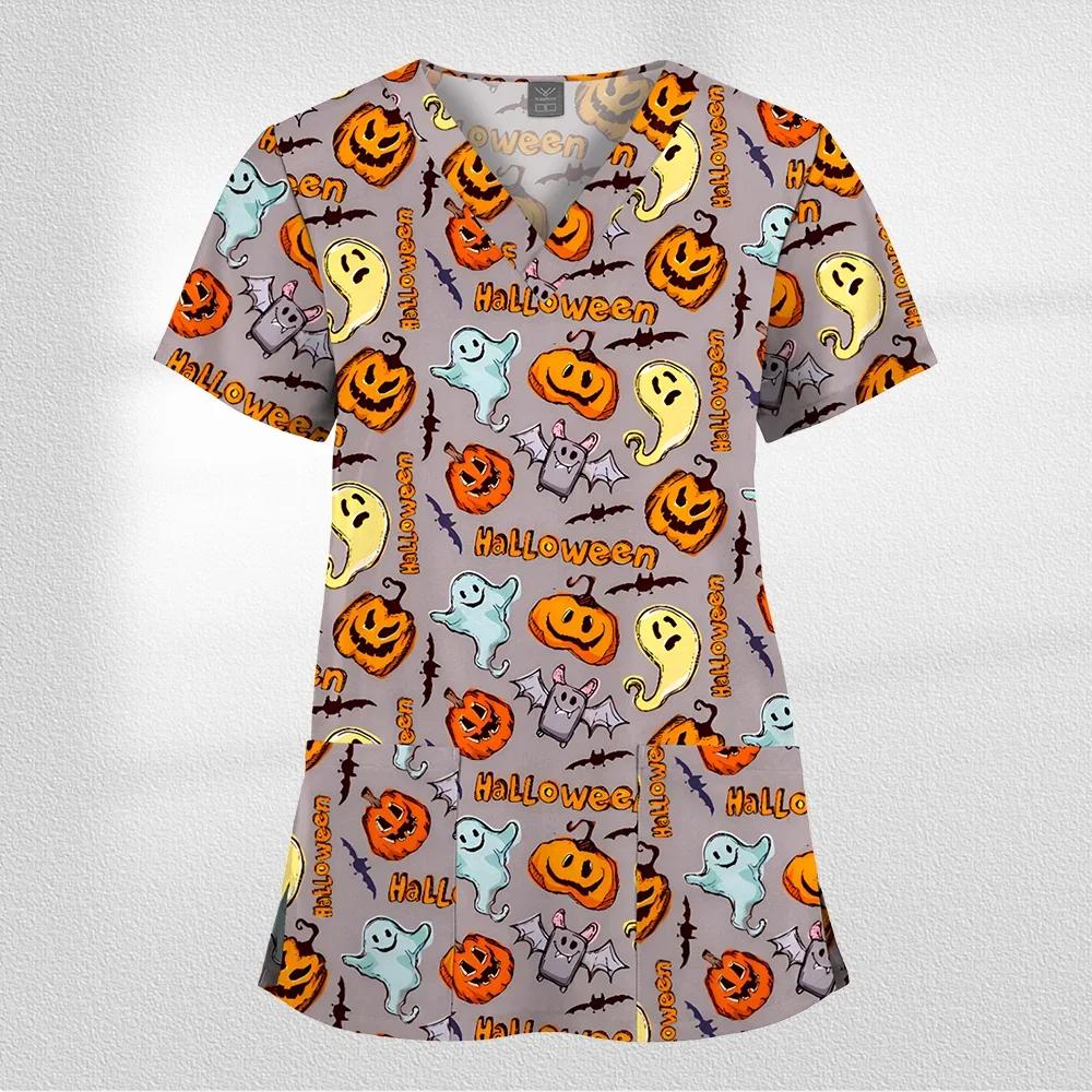 Women Working Uniform Cartoon Animal Print Short Sleeve V-neck T-shirt Tops Femme Blouse Nurse Work Wear Size XXS-6XL