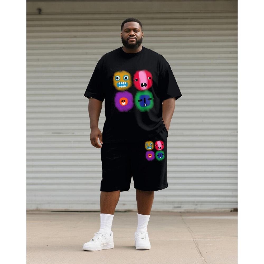 Big & Tall Four-Color Blot Monster Shadow Doll Print Tee & Black Shorts 2Pcs Casual Outfit
