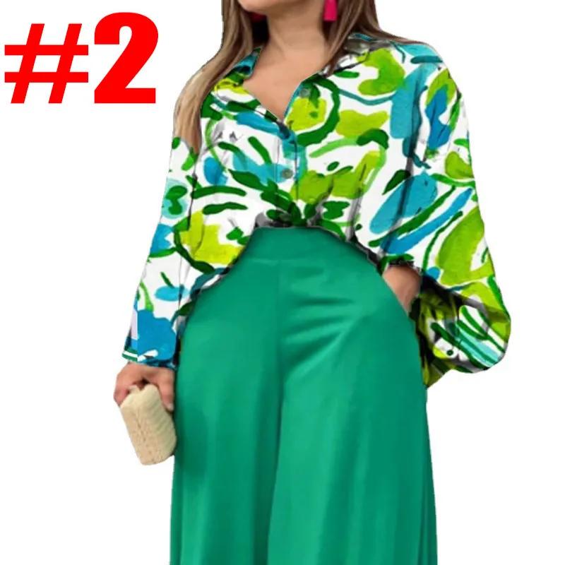 Women's Sets Casual Loose Plus Size Lapel Printed Long Sleeve Shirt Solid Color High Waist Wide Leg Pants