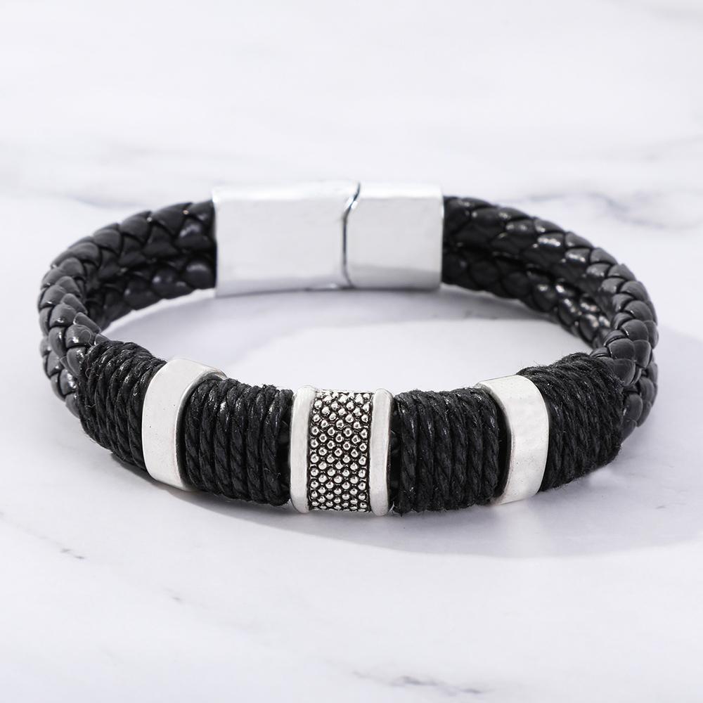Leather Woven Bracelet Double-Layer Retro Trendy Punk Minimalist Texture Magnetic Buckle Men's Women's Bangle Couple Jewelry