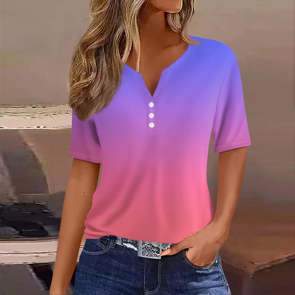 Жен. Футболка Футболка С принтом Пуговицы С короткими рукавами Повседневные Выходные Мода Классический V-образный вырез Обычный Верх