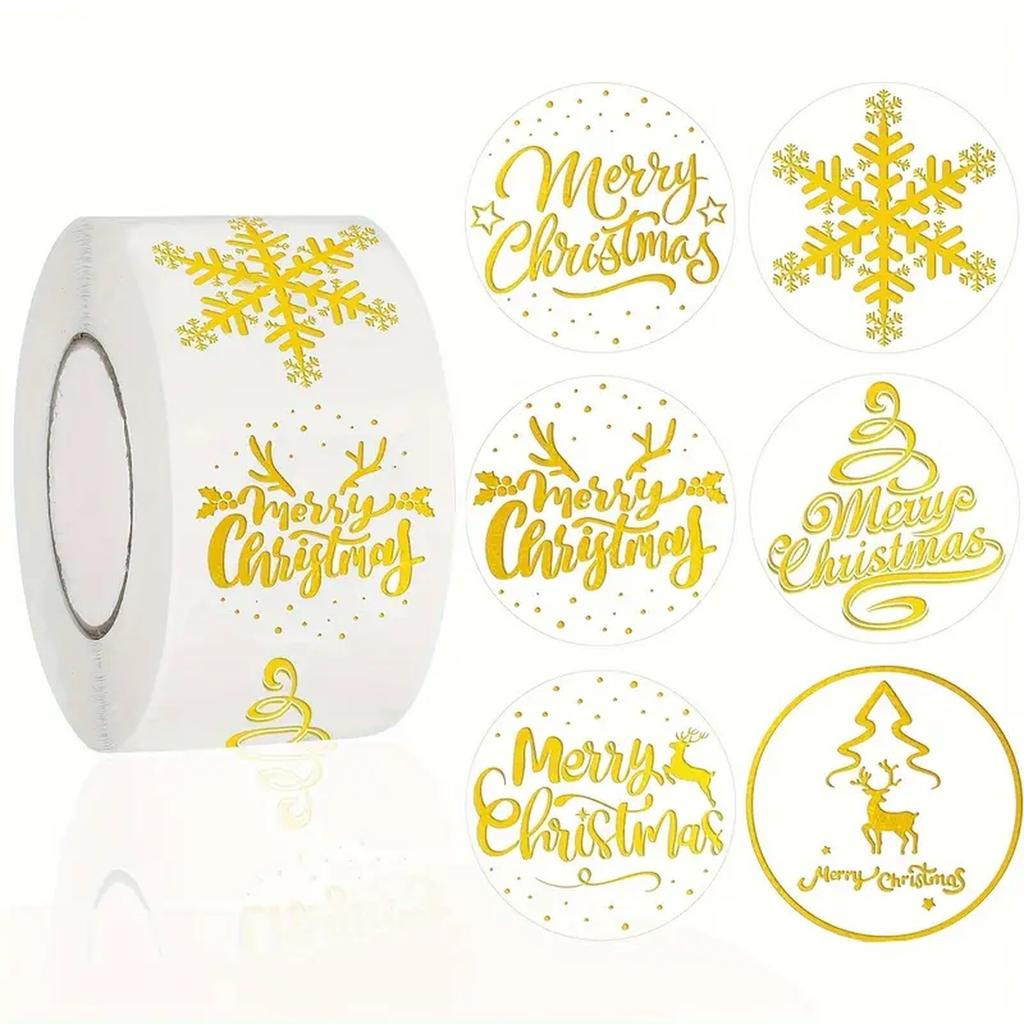 500 шт. Рождественские наклейки, этикетки, рулон, круглые рождественские бирки, золотая фольга, наклейки на конверты с Рождеством для открыток, подарков, украшений для рождественской вечеринки