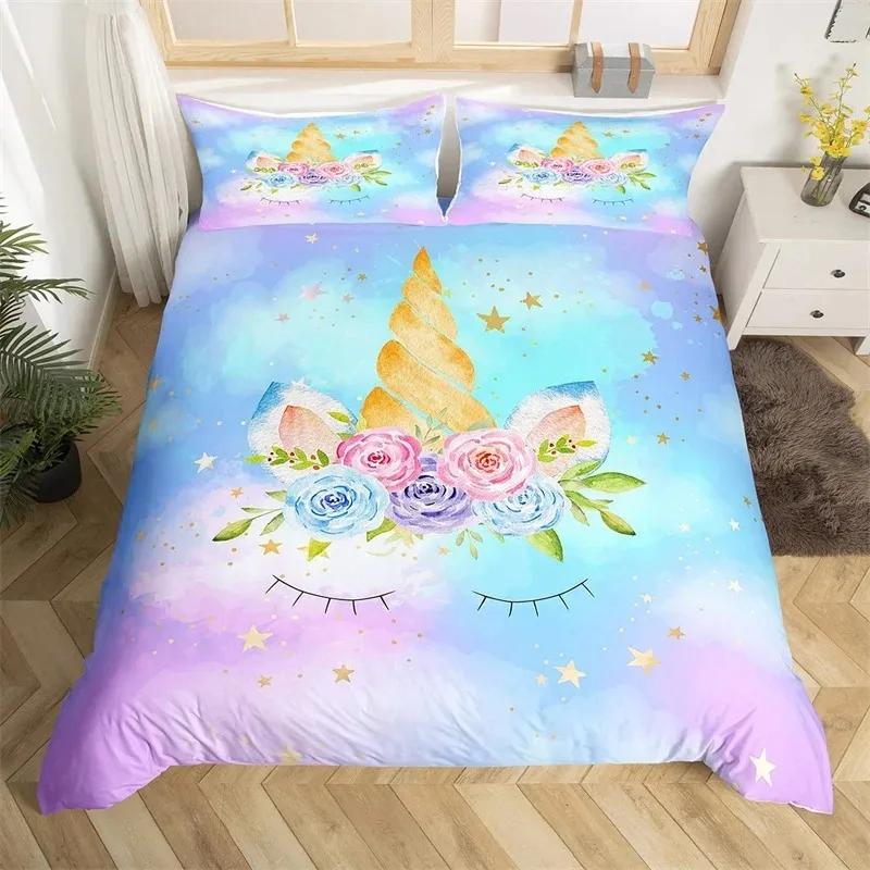 Cartoon Unicorn Duvet Cover Twin King Smiling Eyelash Rainbow Bedding Set For Kids Girls Microfiber Magical Animal Quilt Cover