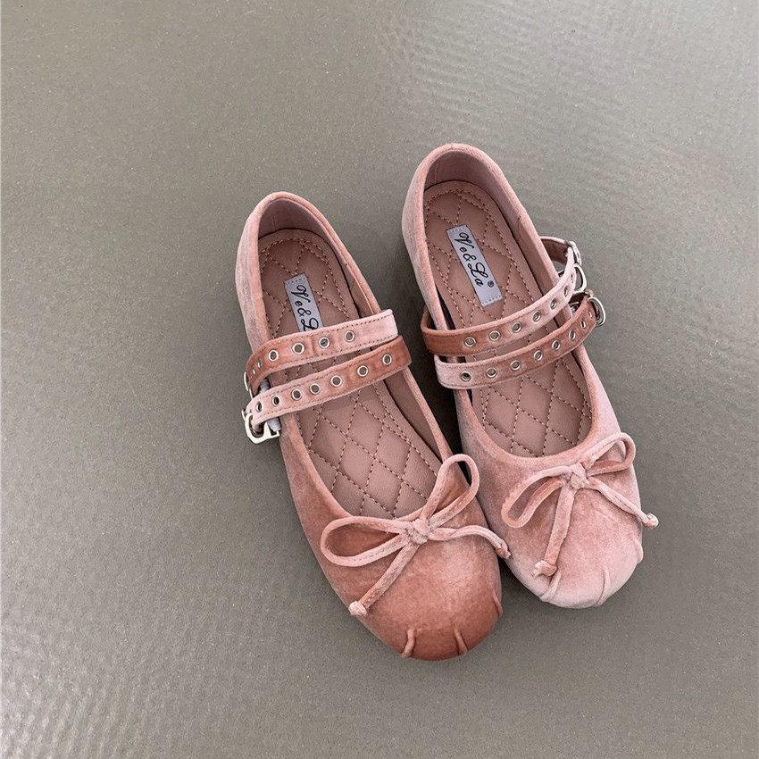 Fashion Flat Shoes for Women 2025 Spring and Autumn New Velvet Bow Mary Jane Round Toe Shallow Mouth Flat Ballet Shoes Single Shoe
