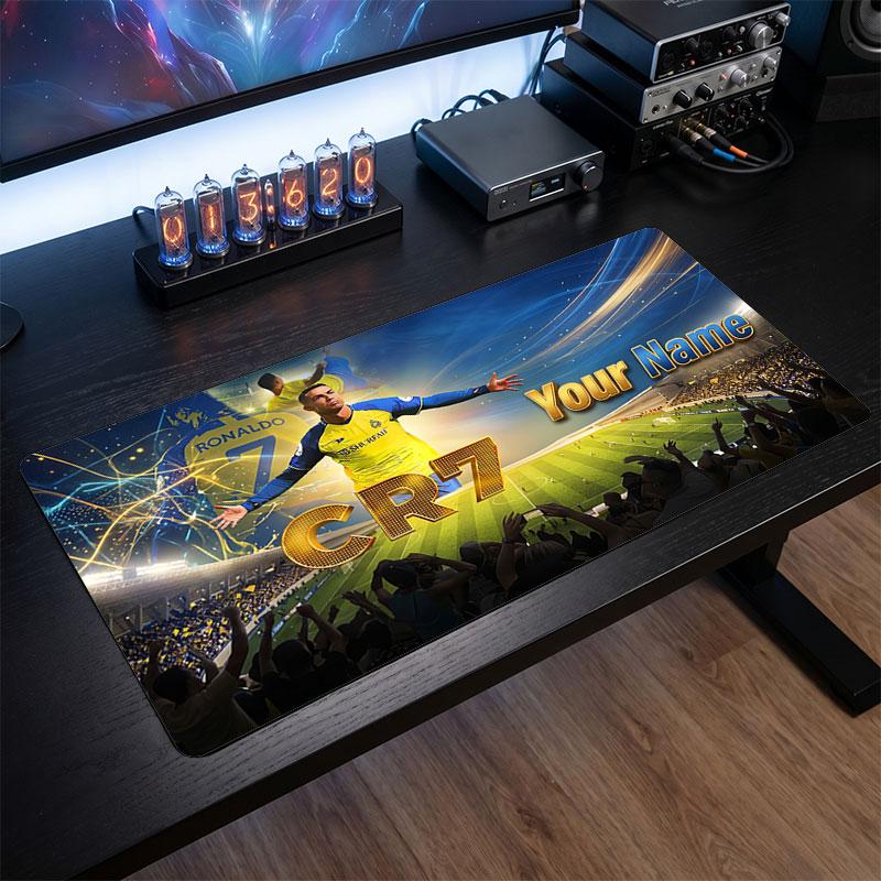 Cristiano Ronaldo Custom Large Mouse Pad, Personalized Name Text Print, Football Logo Non‑Slip Desk Mat Gaming Gift