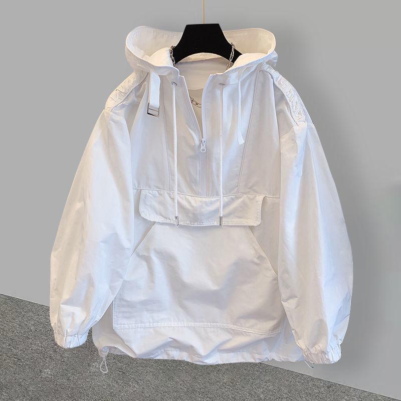 Men's Trendy Hooded Windbreaker Jacket with Pocket and Stitching Design - Lightweight and Stylish for Sun Protection