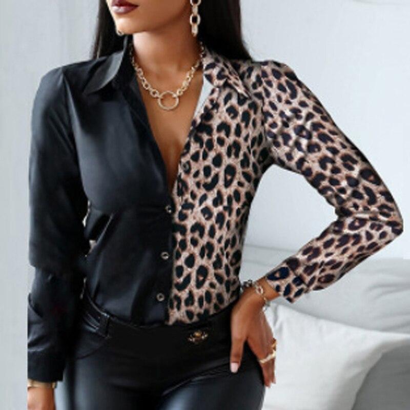 Женская рубашка с длинным рукавом и принтом, топы, модная повседневная офисная рубашка на пуговицах, леопардовая женская блузка с отложным воротником, повседневная 18972