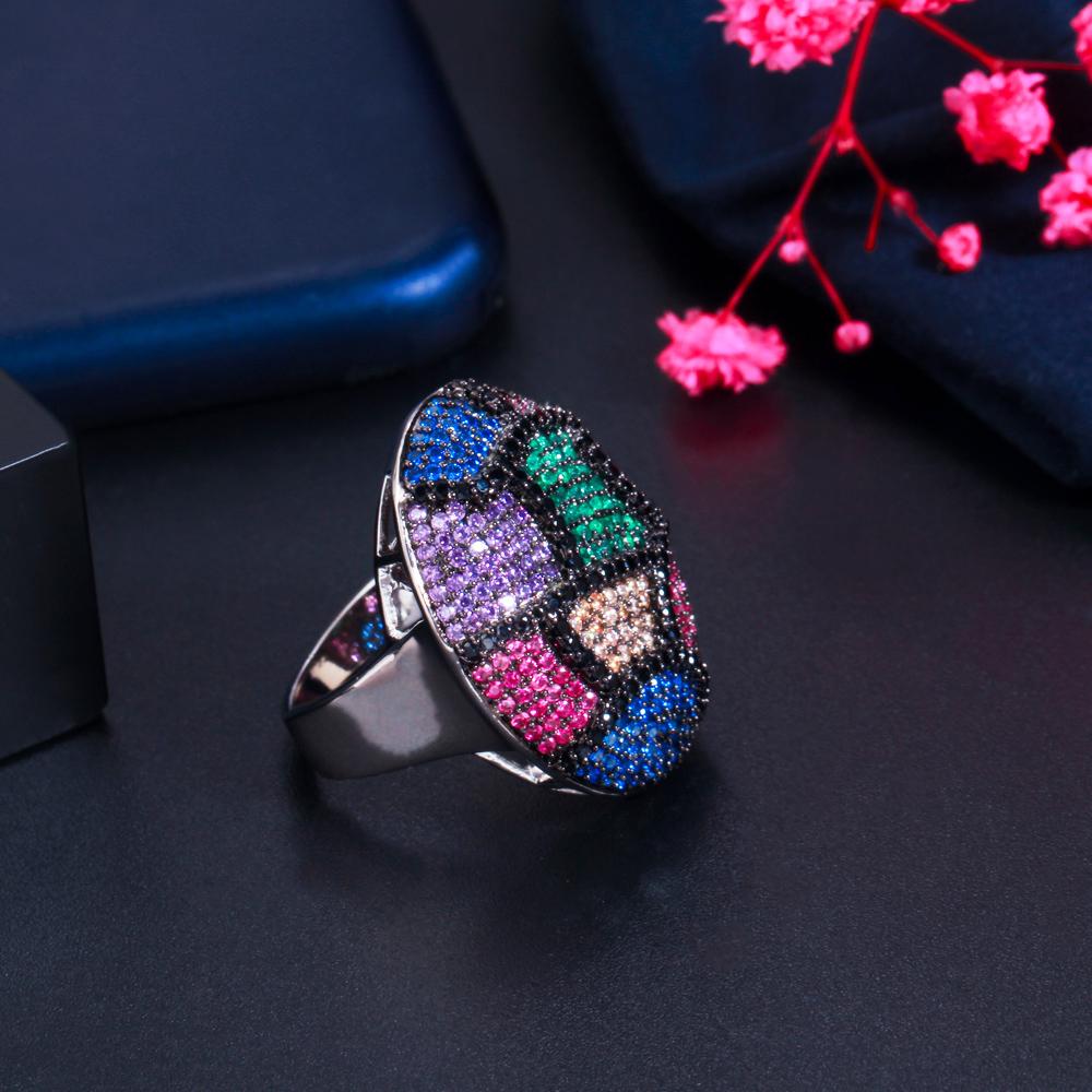 Кольцо CMM Chunky Statement Round Multicolor Cub Zirconia Big для помолвки и свадьбы серебристое регулируемое для женщин