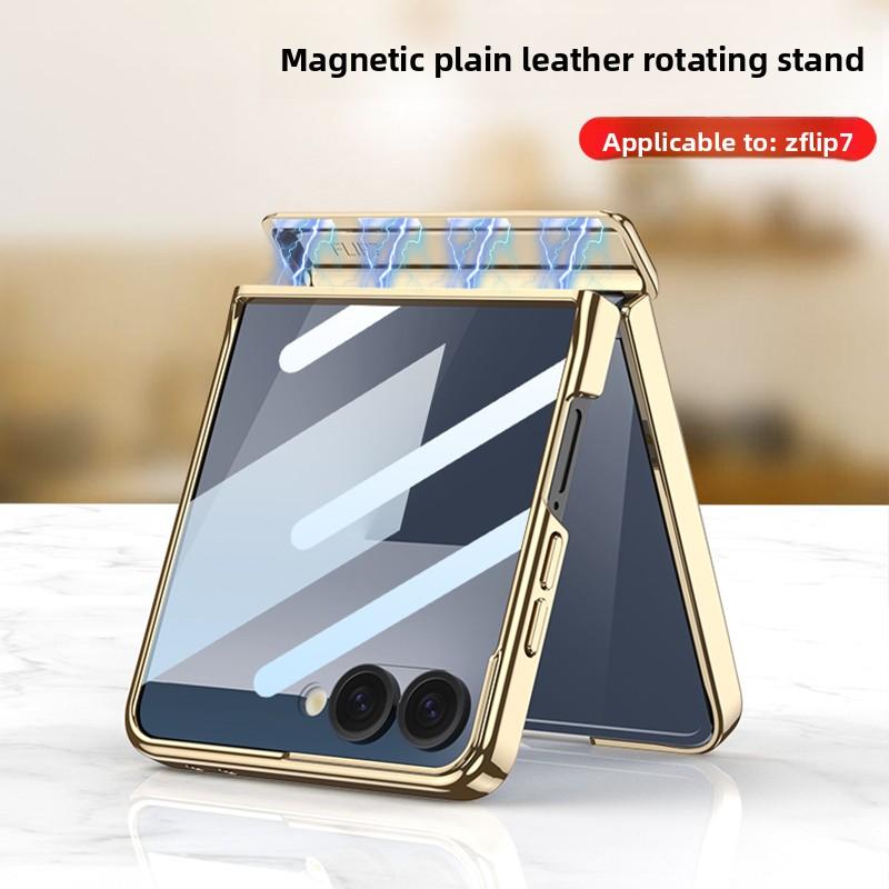 Для Samsung Galaxy Z Flip 7 Чехол Роскошная Кожа PU Кожа Шарнир MagSafe Магнитное Кольцо Подставка Защитная Задняя Крышка Для Z Flip7 Чехол