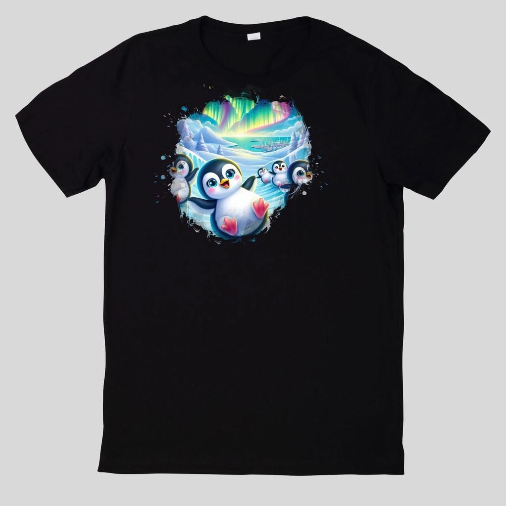T-Shirt Verspielte Pinguine und Nordlichter Lustig Cartoon