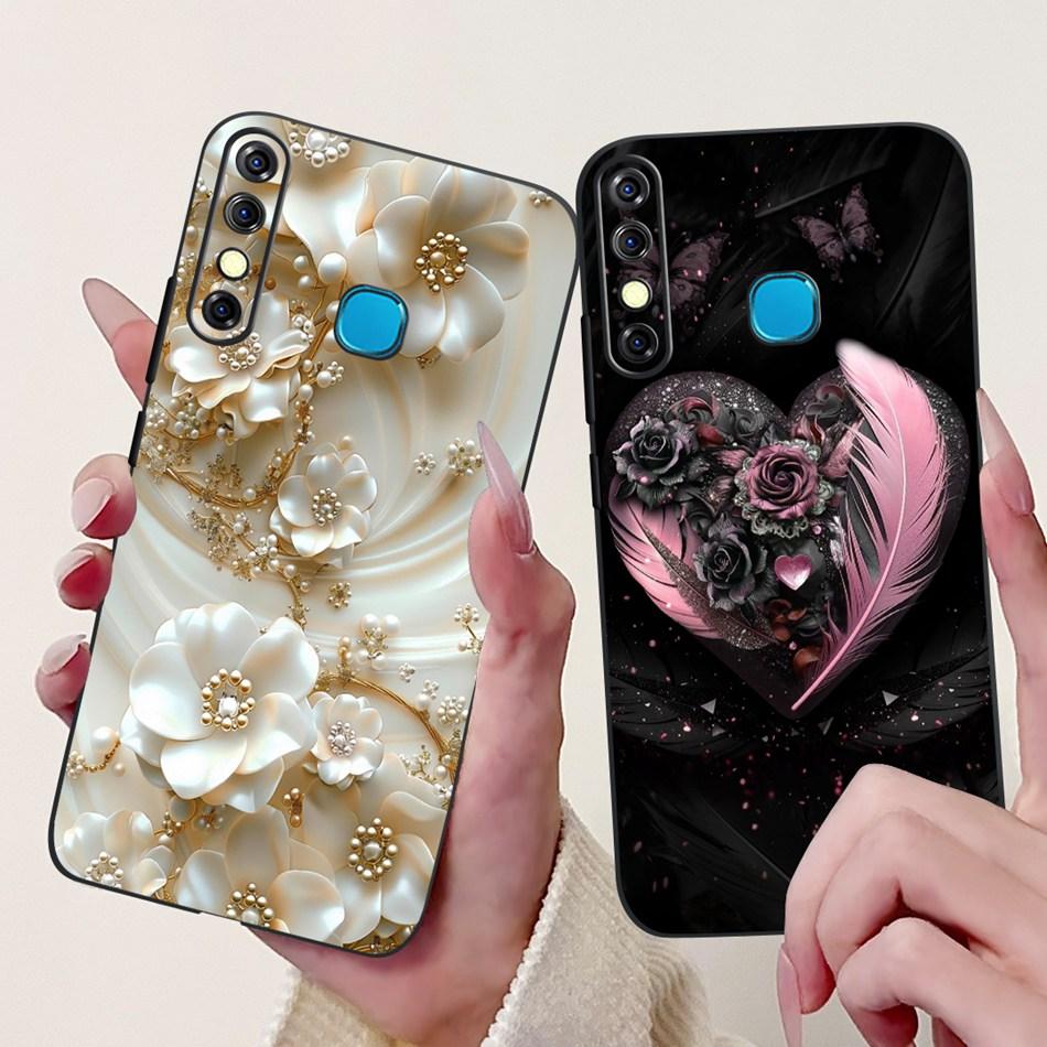 For Infinix Hot 8 Phone Case Hot 8 Lite Hot8 X650 X650C X650B X650D Elegant Floral Cat Pattern Black Silicone Soft TPU Cases