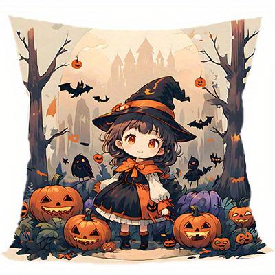 Home Decor Cute Witch And Pumpkins Halloween Pillow Cover Pattern Cushion Cover Suitable For Sofa Bedroom Car Pillow Cover