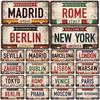Vintage Berlin Madrid New York Paris Country City Style Plate Metal Sign Plaque Tin Sign Man Cave Bar Club Poster Decoration
