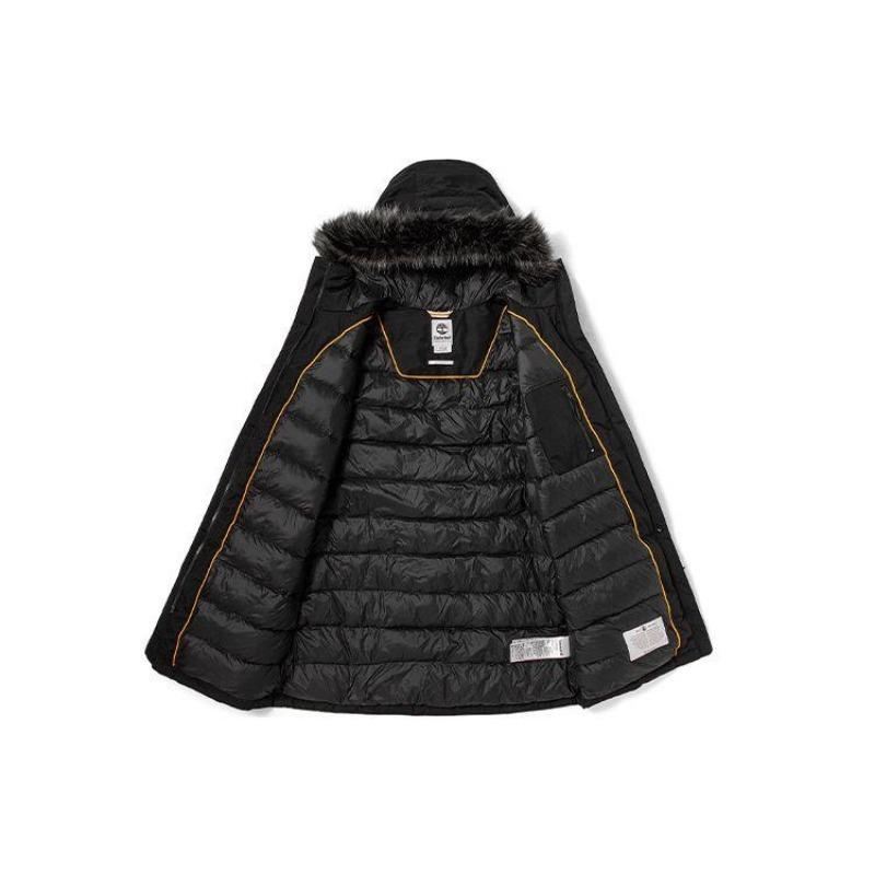 Timberland Теплое хлопковое пальто средней длины с капюшоном и надписью, женские пальто черного цвета A2C25-001