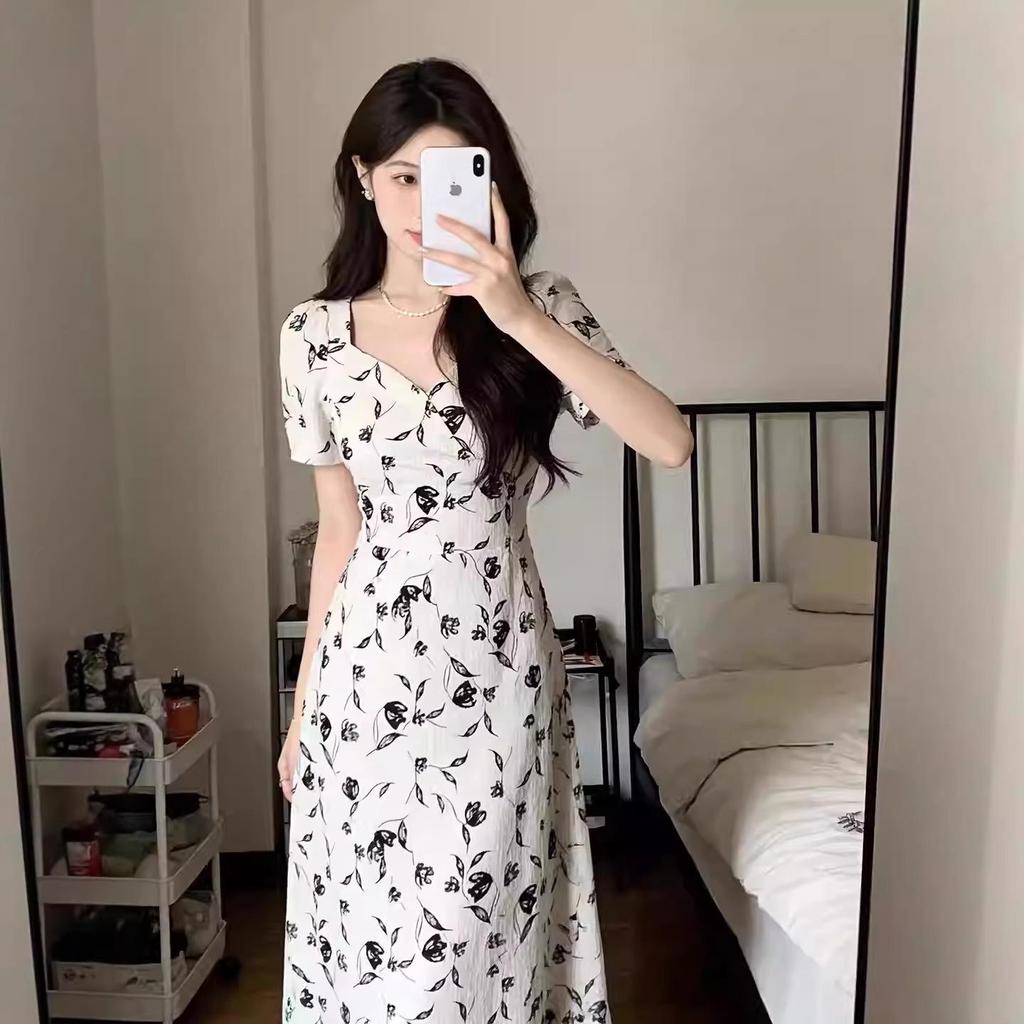 2026 Summer Slimming Floral Square Neck Dress with Irregular Slit for Women