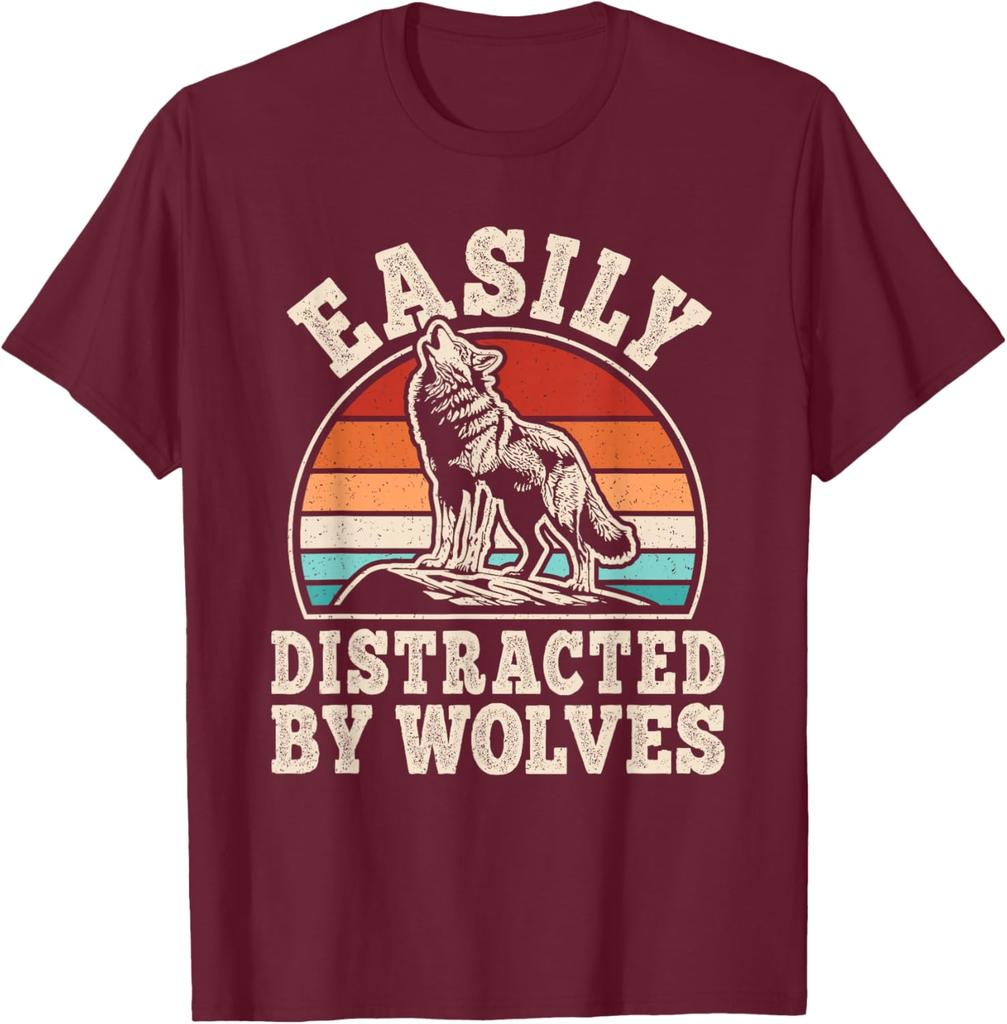 Easily Distracted By Wolves Retro Graphic T-Shirt Vintage Sunset Wolf Howling Print Casual Cotton Tee