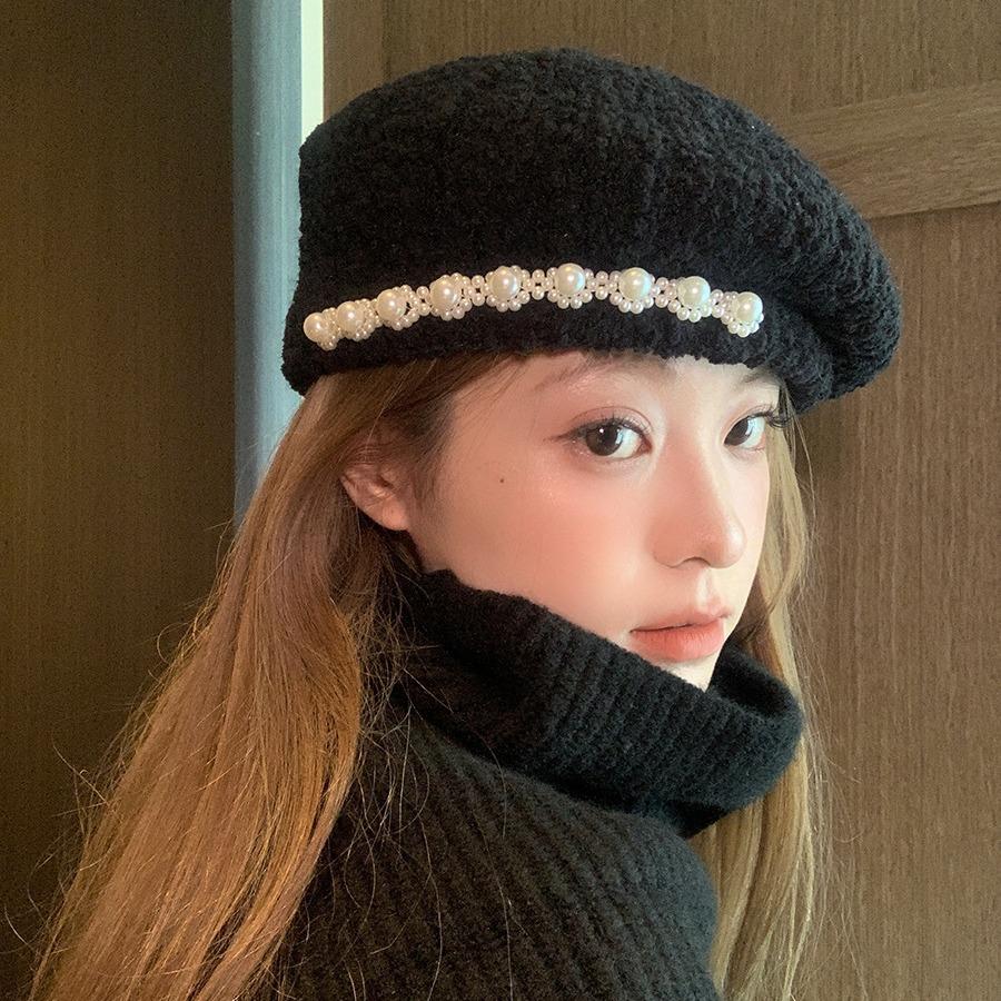 Lamb Wool Winter Top Hat Sweet Pearl Wool Beret Temperament Casual Face Little Painter Hat