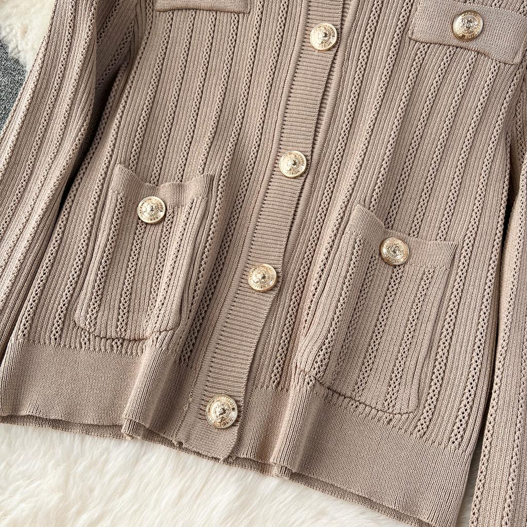 Autumn Winter Women Elegant Gold Button Knitted Sweater 3 Piece Set Single Breasted Jacket Coat Vest Long Midi Sheath Skirt Outfits