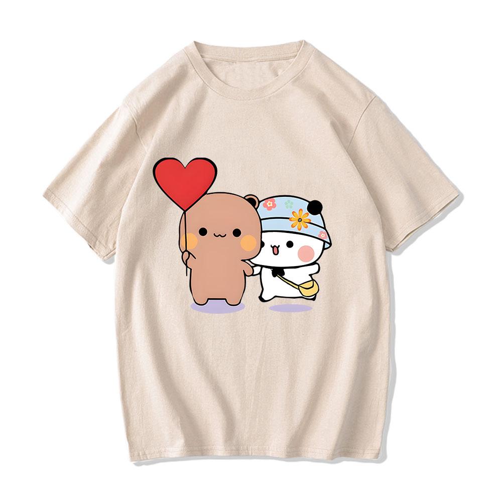 Kawaii Bear Panda Bubu And Dudu T Shirts Holding Hands With Love Balloon Print Tee-shirt 100% Cotton Tshirt Oversize Boys/Girls O-Neck Tees Fashion