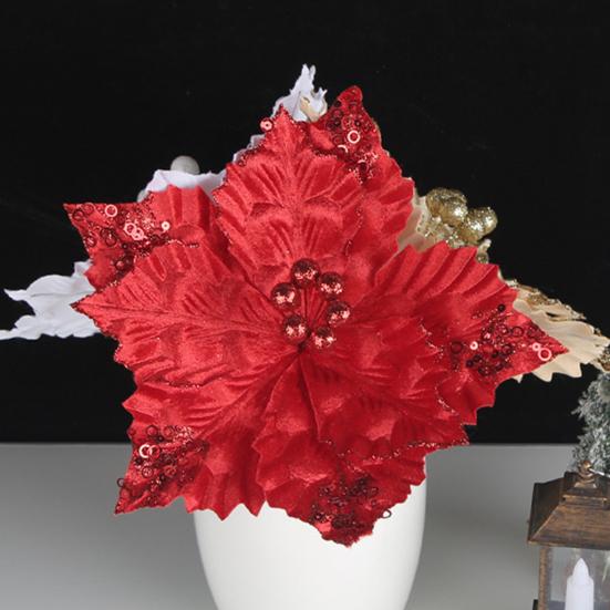 Рождественский блестящий искусственный золотой праздничный цветок со стеблем, красно-белый декор, многоразовая проводная рождественская елка