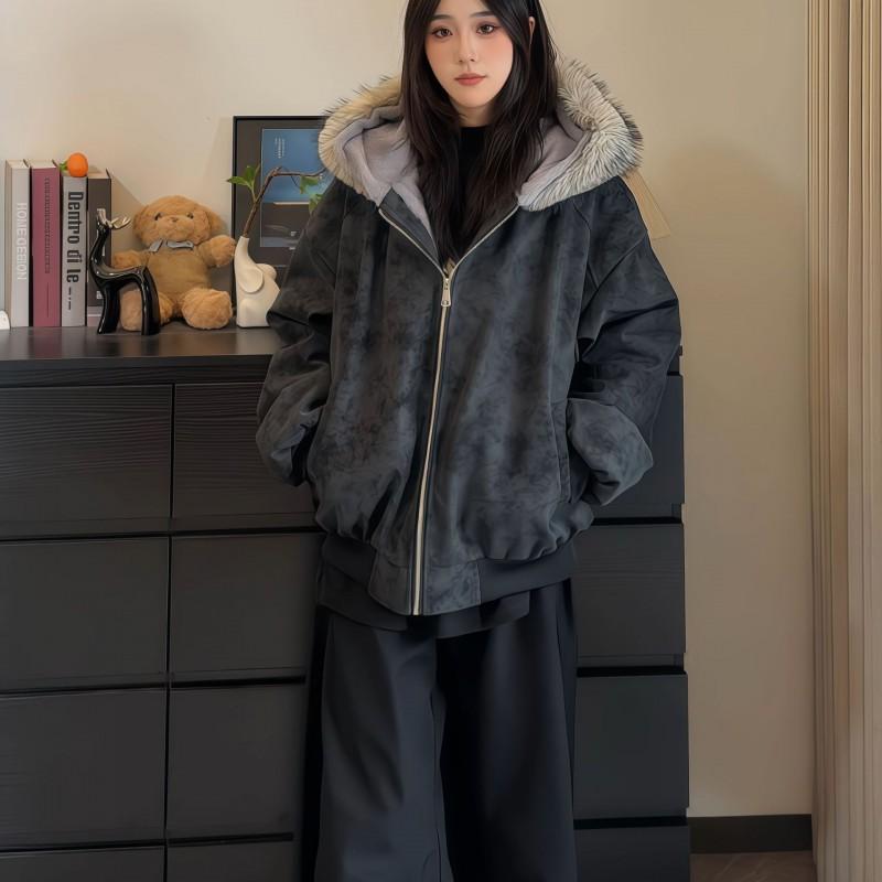 Winter Couples Faux Leather Puffer Jacket With Fur Hood Warm Thick Cotton Coat Men Women